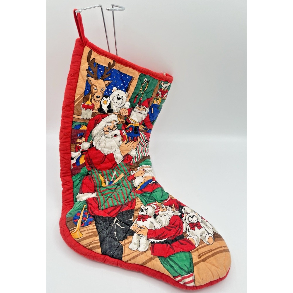 Vintage Quilted Christmas Stocking 18" Santa Claus Bears Toys Holiday Decor